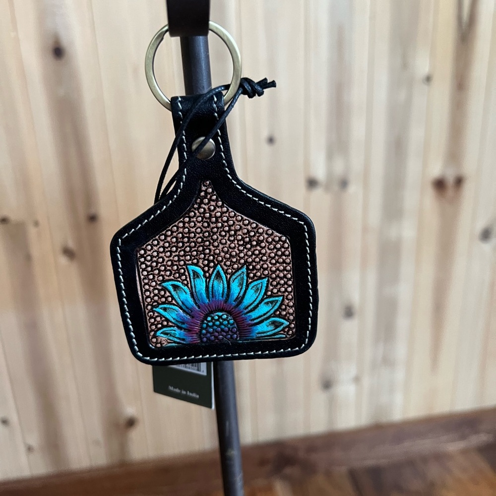 Fave! Myra Bag Purple Turquoise Floral tooled leather key chain fob gift flower - Picture 4 of 5